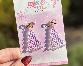 Iridescent Sweater Tree and Gold Bow Dangle Earrings, Christmas Earrings