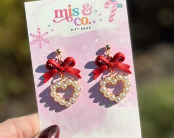 Red Bow and Pearl Heart Dangle Earrings, Christmas Earrings, Valentines Earrings