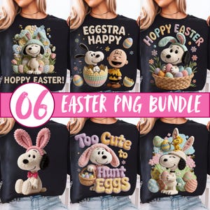 以下が含まれることがあります： イースターをテーマにしたデザインが施された、黒いスウェットシャツ6枚のコレクション。デザインには、イースターエッグやウサギとスヌーピーのキャラクターが含まれており、「HOPPY EASTER!」や「Too Cute to Hunt Eggs」などのテキストも含まれています。画像には「06 EASTER PNG BUNDLE」というテキストも含まれています。