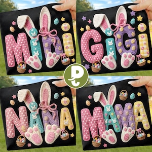 May include: Four black t-shirts with Easter-themed crochet designs. Each shirt features a name: "Mari", "Gigi", "Nana", and "Mama", along with bunny ears, paw prints, Easter eggs, and baskets. The designs are in pink, purple, and yellow.