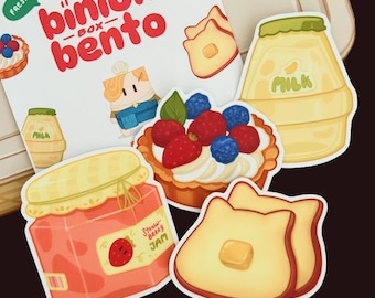 May include: A collection of colorful stickers featuring food illustrations. The stickers include a strawberry jam jar, a milk carton, a fruit tart with strawberries and blueberries, and toast with butter. The packaging reads "binion bento".