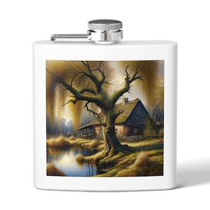 Rustic Nature Flask, 6oz Stainless Steel Hip Flask for Outdoor Adventures, Unique Gift for Hiking, Camping, Groomsmen, and Parties