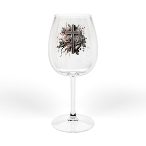 Copa de vino con cruz floral: elegante regalo cristiano, recuerdo de boda