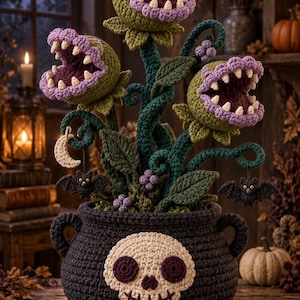 May include: A crocheted dark gray cauldron planter featuring a cream-colored skull on the front. Inside are three green carnivorous plants with purple-rimmed open mouths, sharp white teeth, and dark green stems, accented by small hanging bats and a moon.