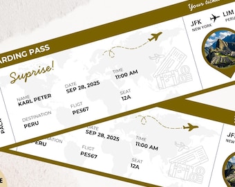 Plantilla de tarjeta de embarque editable, boleto de avión imprimible, regalo de viaje personalizado, descarga digital