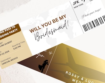 Plantilla editable de tarjeta de embarque para propuesta de dama de honor, Canva (Descarga digital)