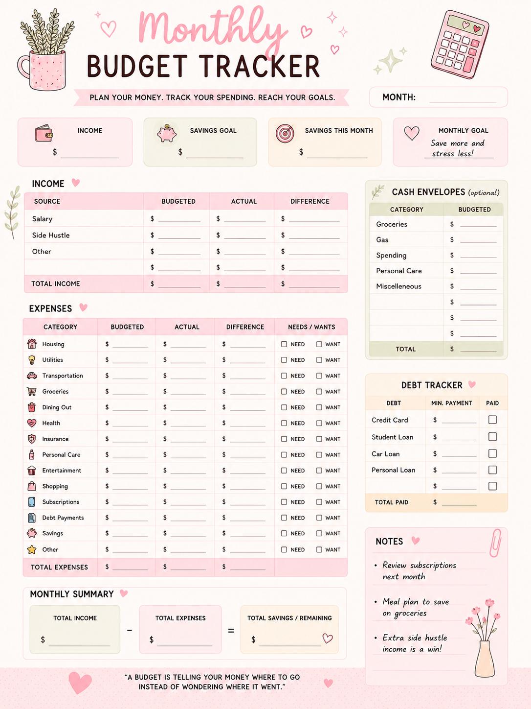 Monthly Budget Tracker Printable PDF | Finance Planner | Savings ...
