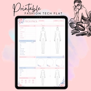 Pode incluir: Um tablet digital exibindo um modelo de ficha técnica de moda imprimível com seções para informações de estilo, tabelas de medidas, detalhes de tecido e instruções de cuidado, apresentando arte linear de figuras humanas e flores.