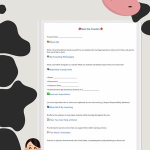 May include: A white teacher introduction template with the title "Meet the Teacher" and sections for personal information, teaching philosophy, and classroom expectations. The template includes a cow illustration and a group of children.