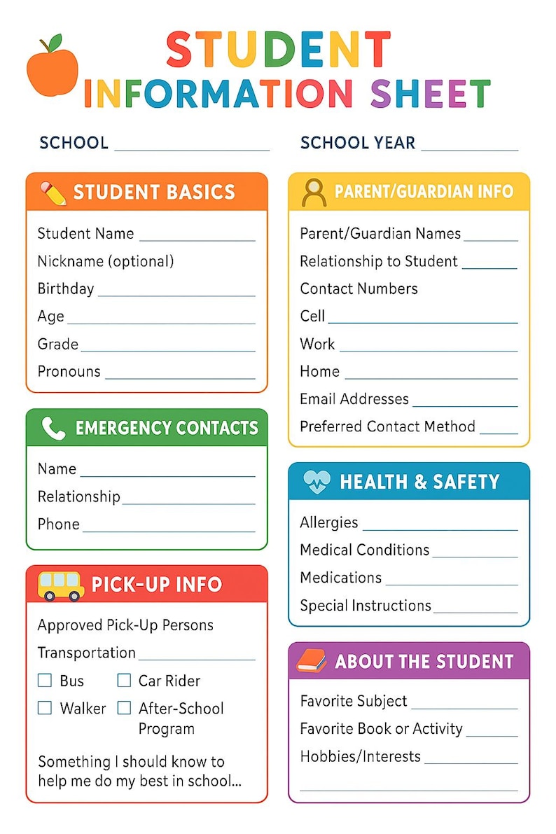 Student Information Sheet Printable: Back to School Teacher Form (PDF ...