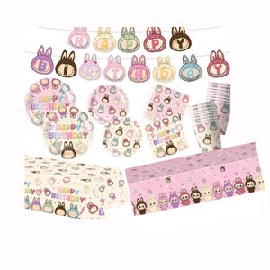 Labubu Birthday Party Decor - Labubu Banner, Tablecloth, Labubu Birthday Plates | Paper Cups, Napkins | Cute Kids Birthday Party Supplies