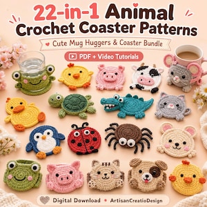 Peut inclure: Une collection de 22 modèles de sous-verres au crochet en forme d'animaux, incluant des motifs colorés comme une grenouille, un poussin, un cochon, une vache, une souris, une tortue, un alligator, un chat, un pingouin, une coccinelle et un chien.