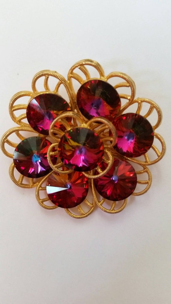 Vintage watermelon rivoli flower brooch