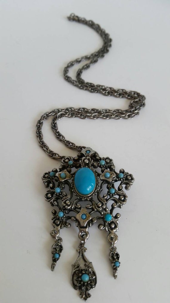 Vintage faux turquoise pendant necklace - image 3