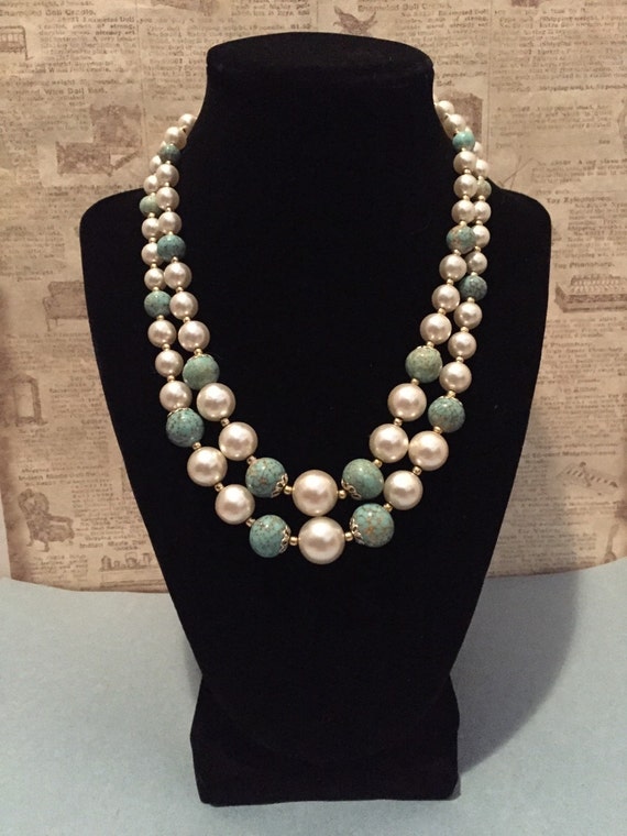 Double Strand Faux Pearl and Turquoise Art Glass … - image 1
