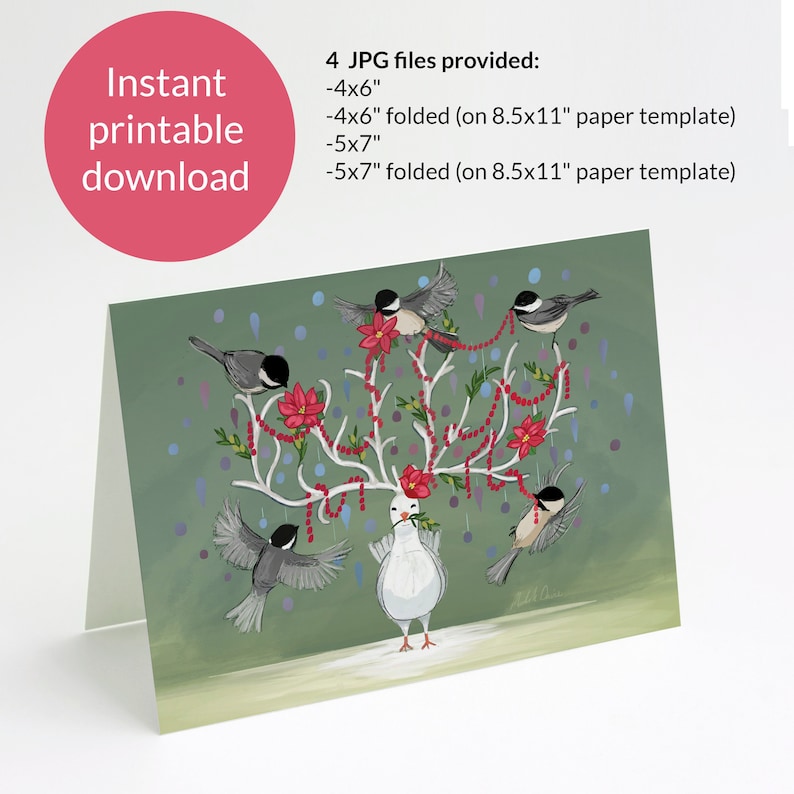 Printable Christmas Holiday Dove Card Digital Download image 1