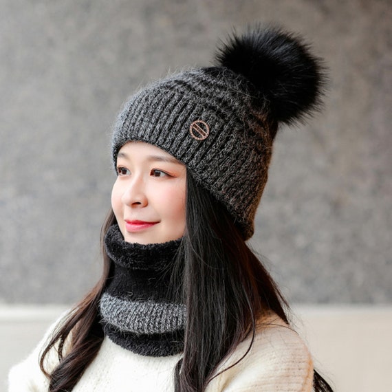 2023 New Women Winter Hat Fashion Beanie Cap Scarf Set Thick Warm Windproof  Hats For Female Casual Rabbit Fur Blend Knitted Hat