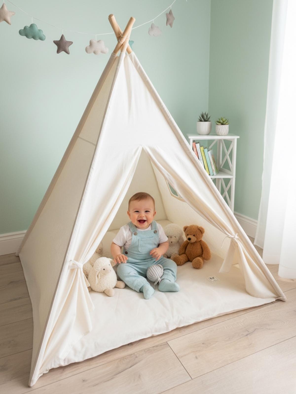 Auvent De Lit Enfant Mameria – Coton Beige, Tente Suspendue Avec Rideau Filet (coin Lecture)