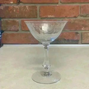 May include: A clear, etched glass champagne coupe with a wide bowl and a long, decorative stem. The glass features a floral design and sits on a round base. The background is a brick wall.