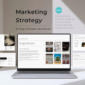 May include: A laptop displaying a marketing strategy workbook. The screen shows the words "Marketing Strategy" and "32 Page Editable Workbook." Additional text includes "Brand Building," "Audience Targeting," and "Funnel Strategy."