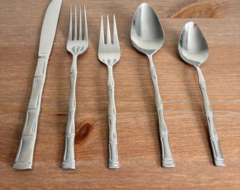 Stainless Steel Made in Korea Bamboo Handle Flatware - MCM Style 5‑Piece Place Settings