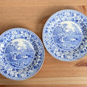 Peut inclure: Deux assiettes décoratives bleues et blanches avec une bordure florale et une scène pastorale au centre. Les assiettes sont rondes et reposent sur une surface en bois brun clair. Les assiettes mesurent environ 25 cm de diamètre.