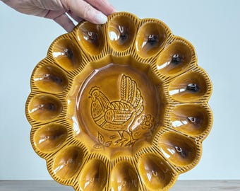 California Pottery Deviled Egg Plate with Chicken Motif - Charming MCM Golden Brown Glaze