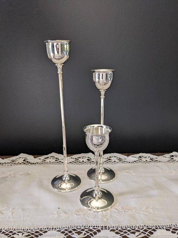Birks St. James Silver Tulip Candleholders Trio – Vintage EP Brass