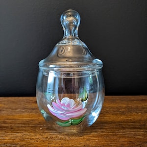 Mid-Century Glass Vanity Jar – Floral Painted Apothecary Jar with Lid – Vintage Bathroom Organizer
