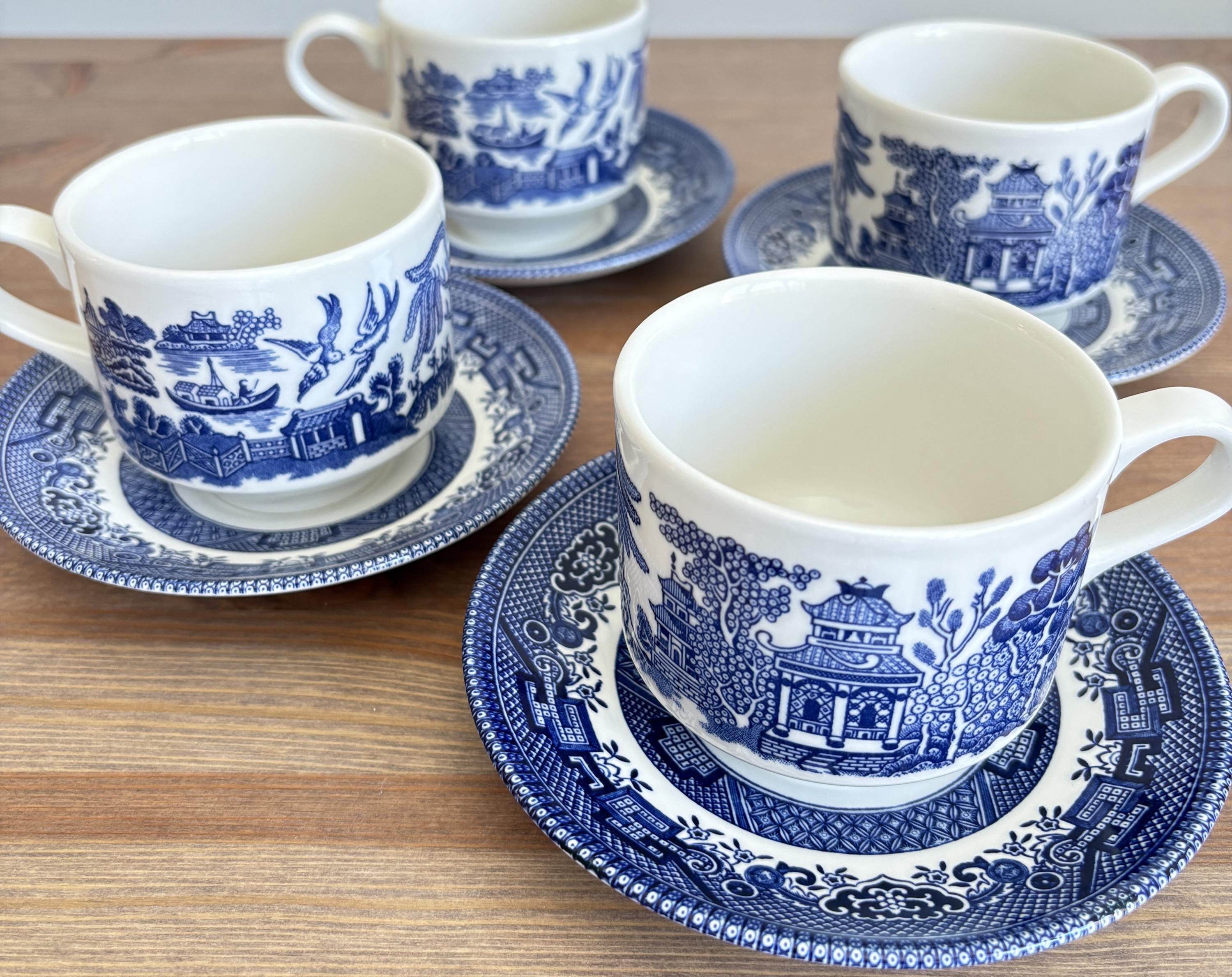 Set Da Tè Churchill Blue Wollow: 4 Tazze E 4 Piattini, Porcellana Inglese, Made In England - 4
