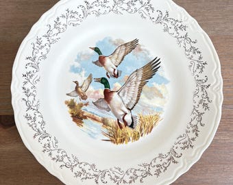 Plato de pato decorado con oro de 22 quilates - Arte de la fauna canadiense - Decoración rústica de cabaña