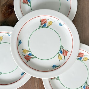 May include: A collection of white ceramic plates with a floral design. Each plate features a red rim, a green inner circle, and colorful flower illustrations in red, yellow, and blue. The plates are arranged on a wooden surface.