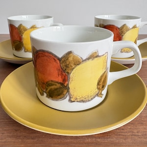 Cafetera St Clements de J&G Meakin con tazas y platillos, diseño cítrico atómico de la década de 1970