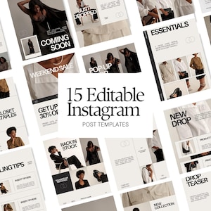 Puede incluir: Un conjunto de 15 plantillas de publicaciones de Instagram editables. Las plantillas presentan un diseño minimalista con elementos en blanco y negro, mostrando contenido relacionado con la moda. El texto incluye "Coming Soon", "Weekend Sale" y "New Drop".