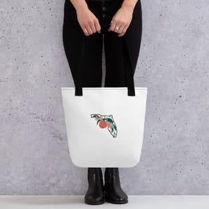 Custom Florida State Flower Tote Bag, Orange Blossom Design, Hand Drawn Florida Outline, State Map Gift, Sunshine State Floral Canvas Tote