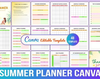 Summer Planner Canva Template, Editable Planner Bundle, 48 Page Planner, Travel Planner, Printable Planner, Digital Planner Canva, Summer.