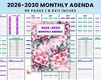 5-Year Floral Monthly Agenda Planner (2026-2030) (PDF Download)