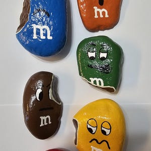 Set of 6 M&M inspired hand painted rocks