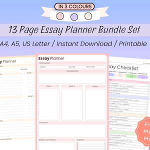 Puede incluir: Un conjunto de planificadores de ensayos e listas de verificación imprimibles en rosa, morado y amarillo. El texto dice "13 Page Essay Planner Bundle Set" e incluye los formatos A4, A5 y US Letter. La imagen también incluye un mapa mental gratuito.