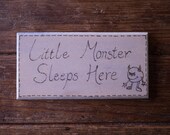 Little Monster, boy's bedroom door plaque, engraved sign. Little Monster Sleeps Here. Baby shower present, toddler boy's birthday gift