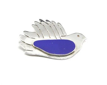 Broche em prata 925 com lápis-lazúli — Design modernista dinamarquês de pomba, peça vintage dos anos 1970.