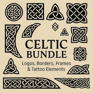 Może przedstawiać: Kolekcja czarnych wzorów węzłów celtyckich na beżowym tle. Obraz zawiera różne logo, obramowania, ramki i elementy tatuażu. Tekst "CELTIC BUNDLE" jest wyraźnie wyświetlany wraz z opisem "Logos, Borders, Frames & Tattoo Elements."