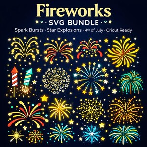 Może przedstawiać: Kolekcja kolorowych ilustracji fajerwerków w kolorach żółtym, czerwonym, niebieskim i zielonym na ciemnoniebieskim tle. Obraz zawiera tekst "Fireworks SVG Bundle" oraz "Spark Bursts, Star Explosions, 4th of July, Cricut Ready."