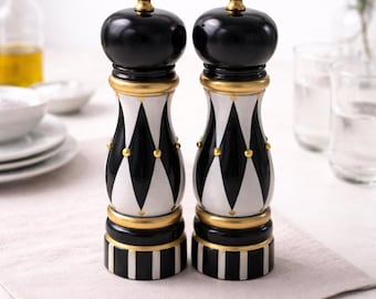 Hand-Painted Salt Pepper Grinders • Black White Harlequin Gold Kitchen Decor