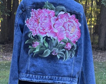 Hand-Painted Denim Jacket - Wearable Art • Women's Gift • Boho - Artistic Fashion - Pink Peony - Floral - Garden Lover