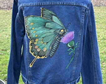 Hand-Painted Denim Jacket - Wearable Art • Women's Gift • Boho - Artistic Fashion - Gold Blue and Green - Clover - Butterfly • Gold Shimmer