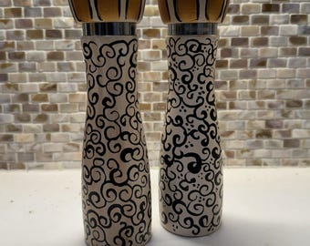 Hand-Painted Salt and Pepper Shakers Set • Black Swirl Filigree, Gold Crown Caps