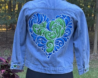 Hand-Painted Denim Jacket with Blue & Green Heart | Wearable Art | Boho Fashion | Custom Painted Jean Jacket | Unique Gift