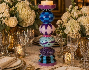 Hand Painted Statement Candlestick, Colorful Boho Pillar Candle Holder, Table Centerpiece, Blue Purple Pink Decor, Artistic Home Accent
