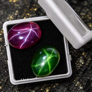 Puede incluir: Dos piedras preciosas ovaladas en cabujón presentadas en una caja de almacenamiento de plástico blanco con un inserto de espuma negra. Una piedra es de color magenta intenso y la otra verde bosque, ambas con un efecto de asterismo de seis rayos.